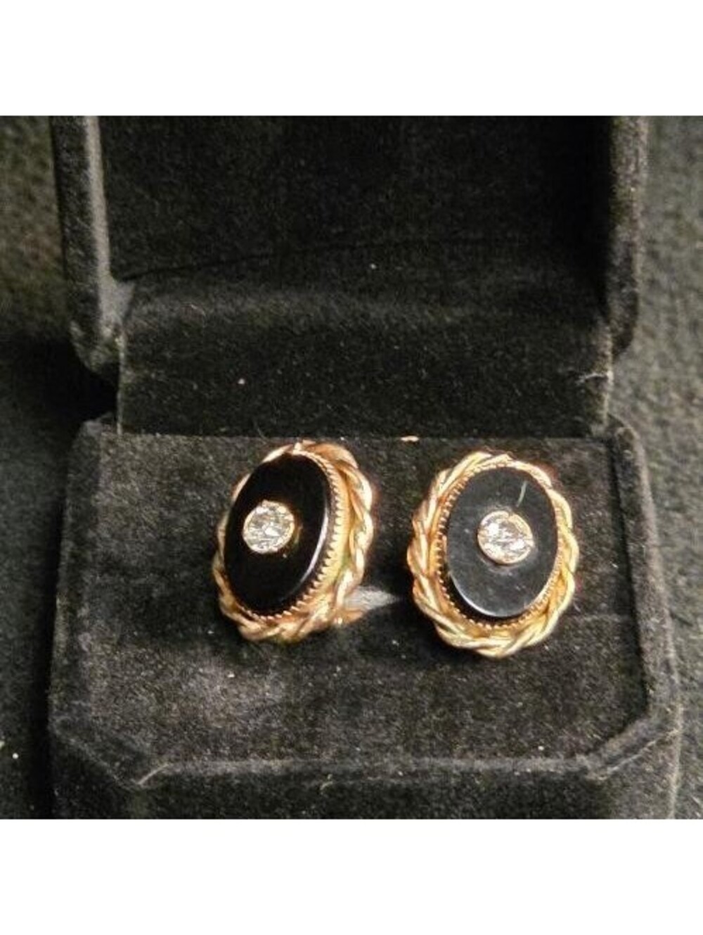 Vintage Gold Toned, Black Onyx-like and Clear Stone Screw Back Earrings